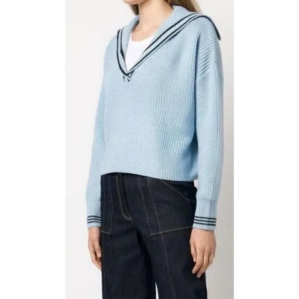 Cinq a Sept Blue Wool blend Cecile Sailor Ribbed Oversize Crop Sweater - Picture 5 of 12